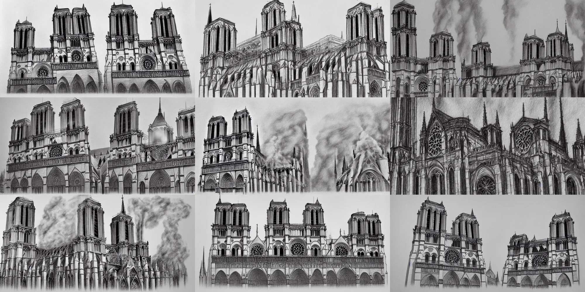 Prompt: the building notre dame de paris is burning and on fire, architectural soft pencil drawing, soft, minimalism, 3 point perspective, birds eye perspective, one building, visible perspective guides, volumetric flames in the building, soft, light