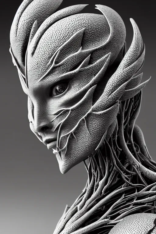 Image similar to bw close - up profile face, black background, beautiful young porcelain vegetal - dragon - cyborg - female, 1 5 0 mm, beautiful natural soft rim light, silver gold details, magnolia leaves and stems, roots, mandelbot fractal, elegant, ultra detailed, white metallic armour, octane render, h. r. giger style