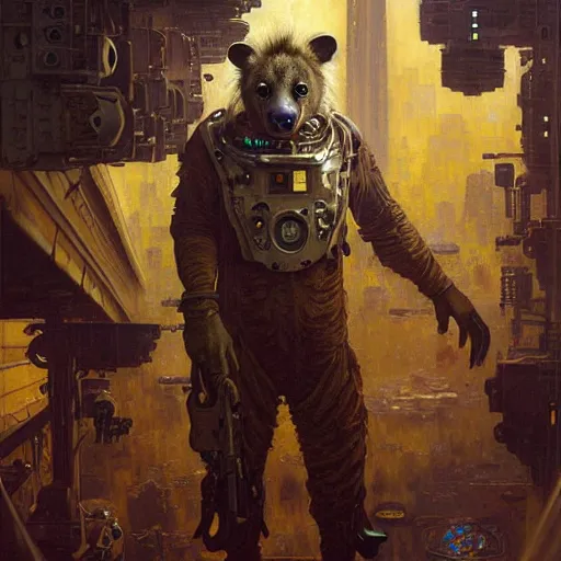 Prompt: portrait of a hyena gnoll doctor. futuristic spaceship. shadowrun furaffiniy cyberpunk fantasy highly detailed painting by gaston bussiere craig mullins jc leyendecker gustav klimt artgerm greg rutkowski john berkey, bergey, craig mullins, ruan jia, raymond swanland, jeremy mann, tom lovell, alex malveda