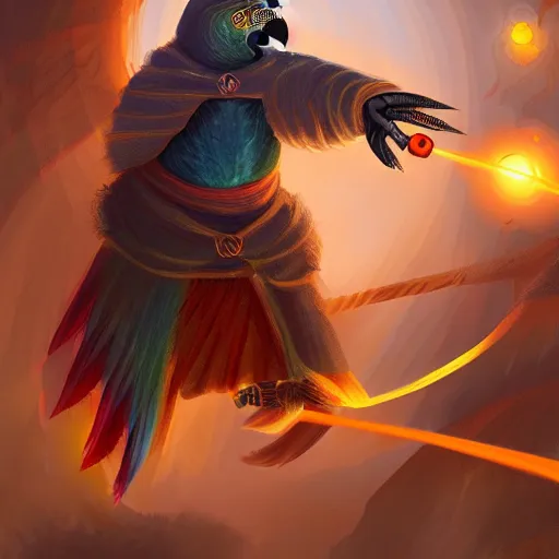 Image similar to Myiopsitta monachus parrot fights against medieval knight. Magic, orange lighting, flux. High fantasy, digital painting, HD, 4k, detailed.