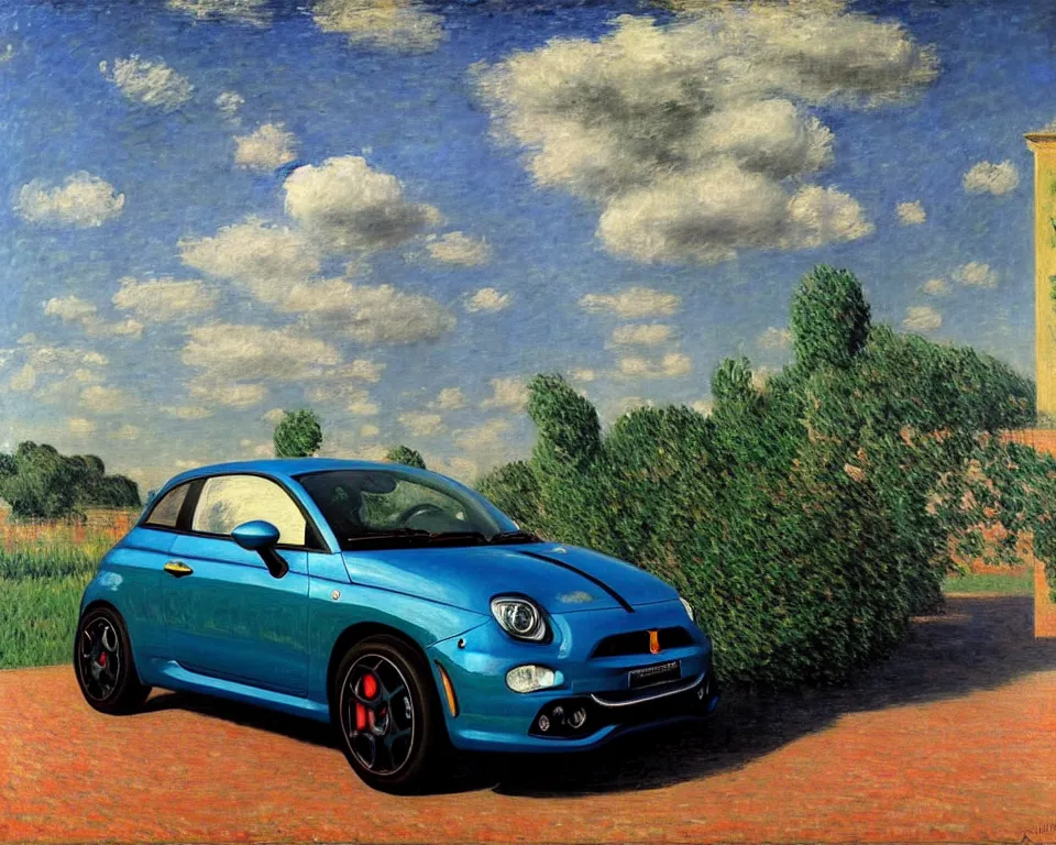 Prompt: achingly beautiful painting of a 2 0 1 3 fiatabarth by rene magritte, monet, and turner.