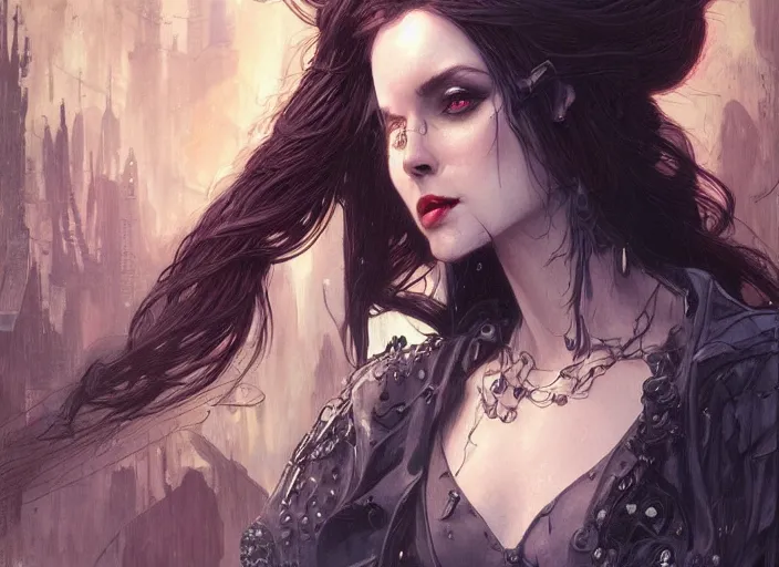 Image similar to beautiful pale gothic maiden killing Nicolas Cage, warhammer 40000, cyberpunk, intricate, elegant, highly detailed, digital painting, artstation, concept art, smooth, sharp focus, illustration, art by artgerm and greg rutkowski and alphonse mucha and Gustav Klimt and Ilya Kuvshinov