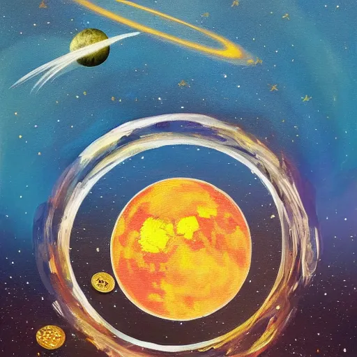 Prompt: a painting of a coin crashing into the moon, exploding, space