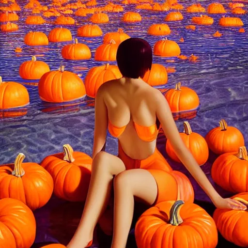 Image similar to Goddess young girl with big bust wearing orange latex dress and yelliw gloves in a swimming pool full of pumpkins by Ilya Kuvshinov