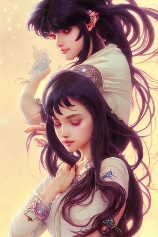 Image similar to a beautiful girl with long dark hair and bangs, sailor moon aesthetic, fantasy, intricate, elegant, highly detailed, digital painting, artstation, concept art, matte, sharp focus, illustration, art by Artgerm and Greg Rutkowski and Alphonse Mucha