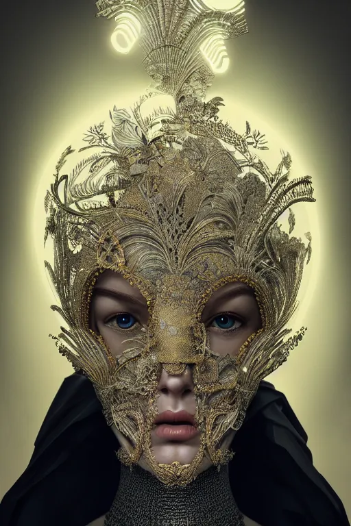Prompt: a portrait of a hyper detailed full faced mask detailed stitching, elaborate, extravagant beautifully lit, cinematography, 8 k post production, atmospheric background, ambient occlusion, global illumination by balenciaga, wlop, art station trending, concept art