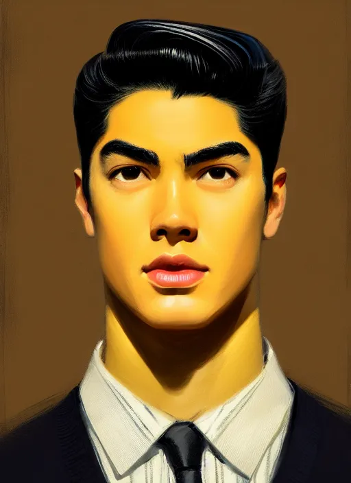 Image similar to portrait of young reggie mantle, mean smirk, egotistical, slicked back hair, striped yellow and black sweater, 1 9 5 0 s, intricate, elegant, glowing lights, highly detailed, digital painting, artstation, concept art, smooth, sharp focus, illustration, art by wlop, mars ravelo and greg rutkowski