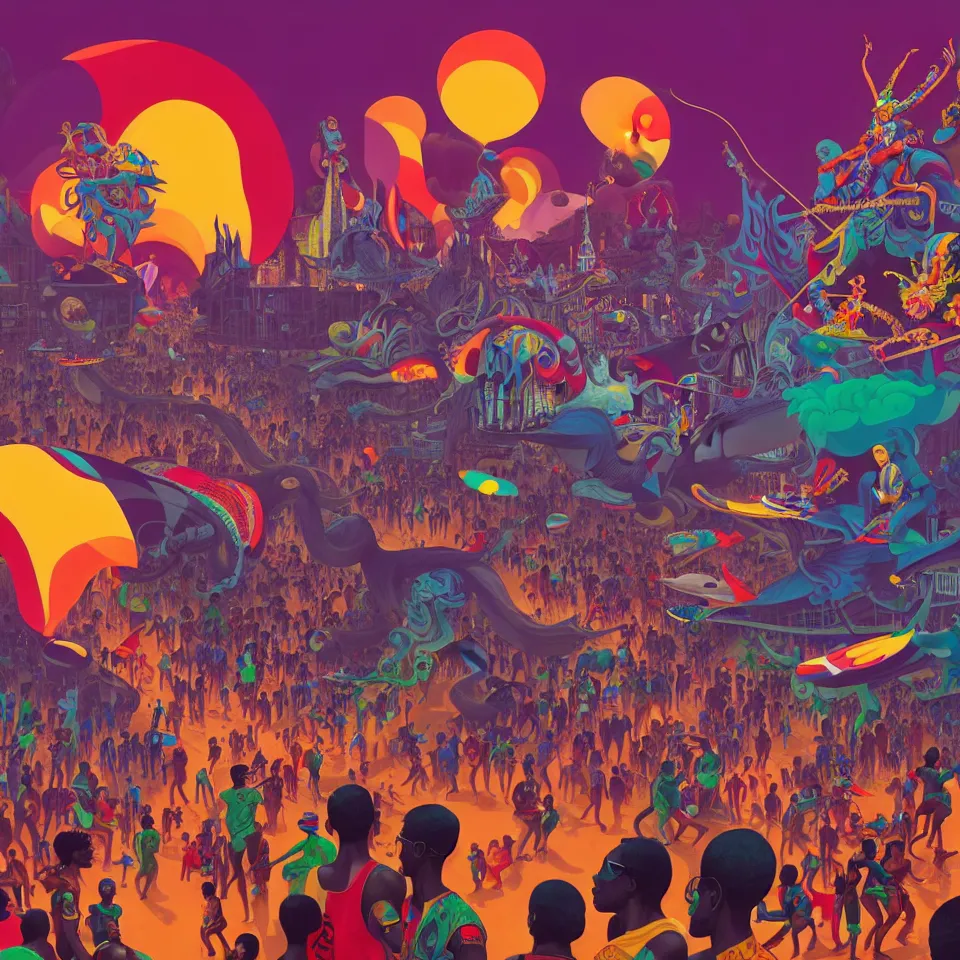 Image similar to trinidad and tobago carnival by paolo eleuteri serpieri and tomer hanuka and chesley bonestell and daniel merriam and tomokazu matsuyama, unreal engine, high resolution render, featured on artstation, octane, 8 k, highly intricate details, vivid colors, vector illustration