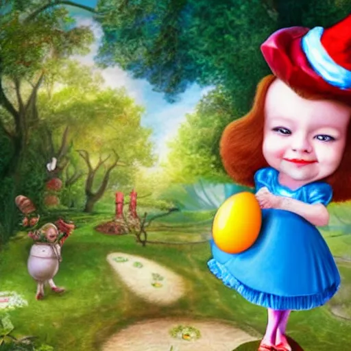 Prompt: alice in wonderland holding an egg