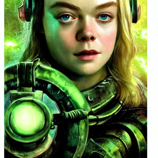 Image similar to ultra realistic portrait painting of elle fanning in fallout 3 surrounded by green glowing radiation, art by frank frazetta, 4 k, ultra realistic, highly detailed, epic lighting