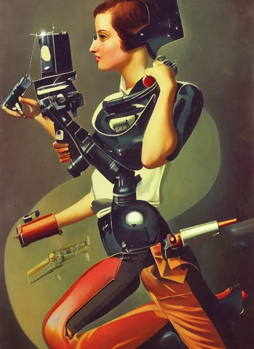 Image similar to a vintage Raypunk painting of a woman holding a raygun blaster, subsurface scattering, life like, intricate detail, 4K HD