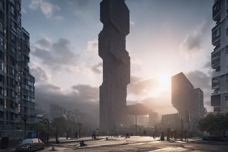 Image similar to streetscape, a towering cathedral of brutalist architecture, buildings covered with greebles, stunning volumetric light, sunset, metal, concrete and translucent material, stunning skies, majestic landscape, trending on Artstation, 8k, photorealistic, hyper detailed, unreal engine 5, IMAX quality, cinematic, epic lighting, in the style of Greg Rutkowski