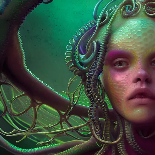 Prompt: tom bagshaw, ultra realist waves miniatures underwater curiosities squids carnival, a single very beautiful long tentacles in full underwater armor, symmetry accurate human features, focus, very intricate ultrafine details, green purple aqua volumetric lights, award winning masterpiece, octane render 8 k hd