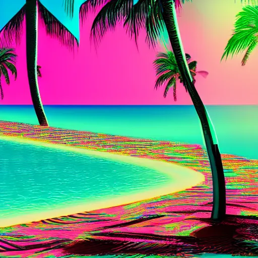 Image similar to synthwave pink beach with palm trees and neon water