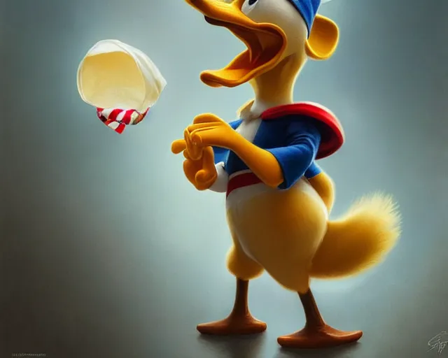 Prompt: realistic photography of donald duck holding a used condom, deep focus, intricate, elegant, highly detailed, digital painting, artstation, concept art, matte, sharp focus, illustration, art by artgerm and greg rutkowski and alphonse mucha