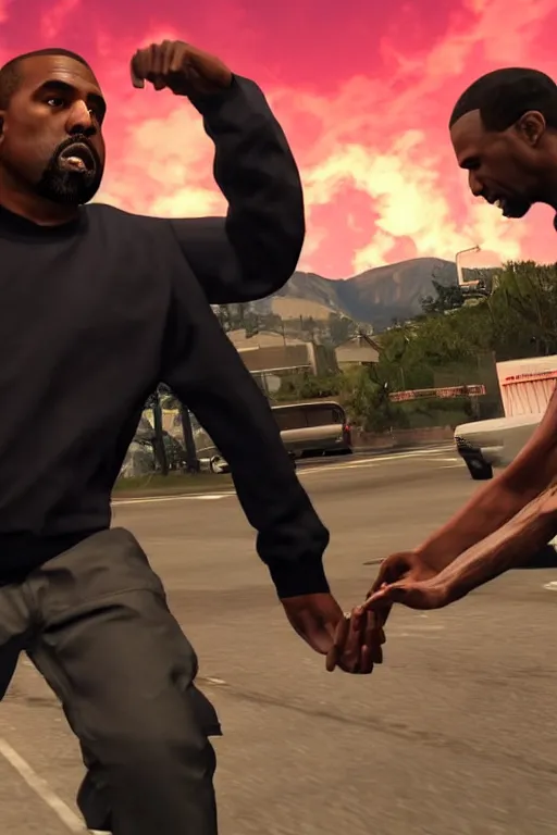 Prompt: kanye west having a fistfight with lester crest from gta v, lester crest, lester from gta v, gta lester, gameplay, grand theft auto v, strong dramatic cinematic lighting, blood red sky, smooth, sharp focus, extremely detailed