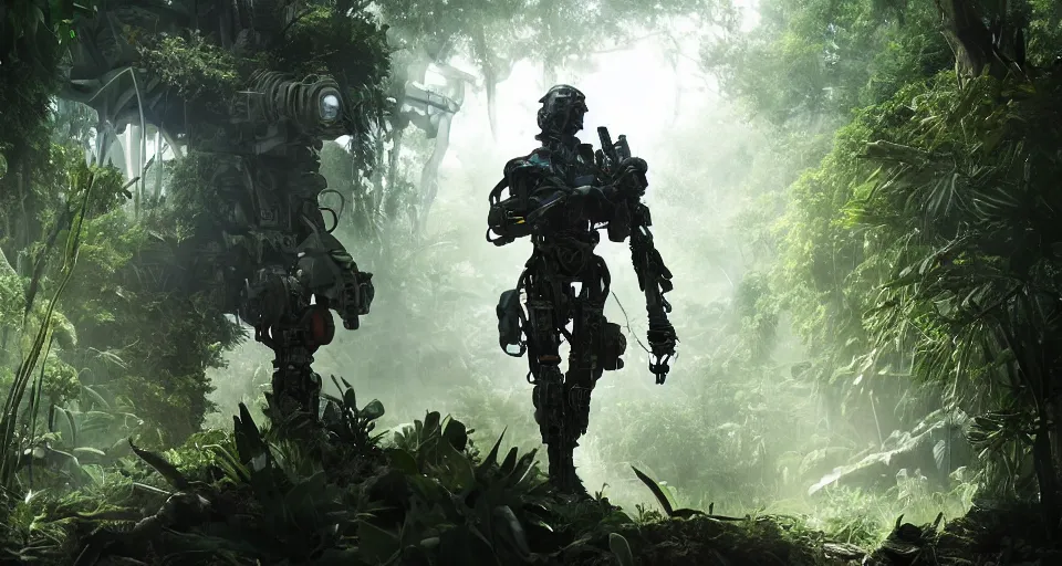 Prompt: wide angle shot of a cyborg soldier in a jungle environment, dramatic lighting, cinematic, octane render, cgsociety, artstation, 4k