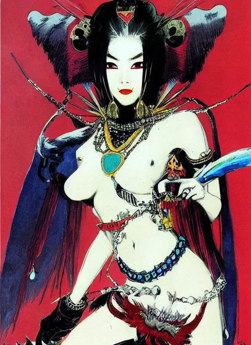 Image similar to female korean vampiress, jeweled headdress, heavy mascara, strong line, saturated color, beautiful! coherent! by frank frazetta, high contrast, minimalism