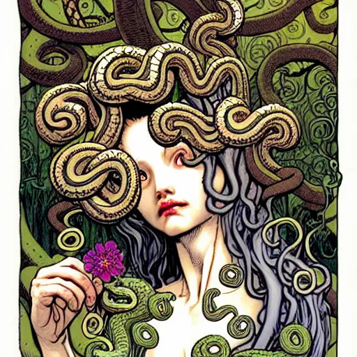 Image similar to A cute little medusa with snakes in your head collecting flowers in the forest. Absurdly-detailed fantasy character illustration by Rebecca Guay and Wayne Reynolds