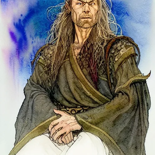 Image similar to a realistic and atmospheric watercolour fantasy character concept art portrait of paavo vayrynen as a druidic warrior wizard looking at the camera with an intelligent gaze by rebecca guay, michael kaluta, charles vess and jean moebius giraud