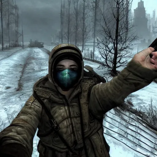 Image similar to metro 2 0 3 3 style, selfie, postapocalytpic