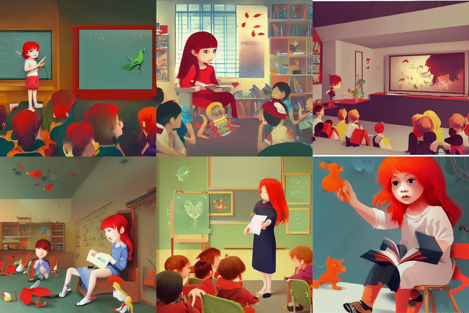 Prompt: a red headed child giving a presentation in a classroom, flat graphic style, children's book illustration by Wenjun Lin, KDA