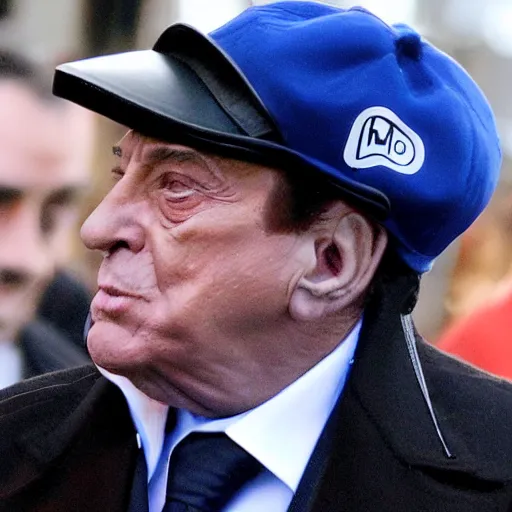 Image similar to Silvio Berlusconi with a blue NY hat and 16 cigarettes in his eyes, photo, paparazzi, hd, high quality