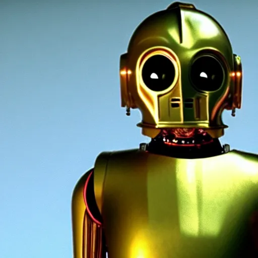 Prompt: mr. bean as c 3 po from star wars. movie still. cinematic lighting.