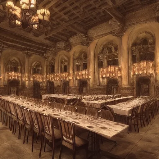 Image similar to incredibly huge castle dining hall with four incredibly long tables with hundreds of chairs full of food, realistic and detailed pencil drawing, artstation