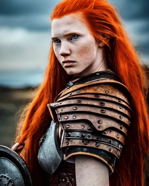 Image similar to north adult female warrior, red hair, ginger hair, long hair, fantasy, female Viking, high detailed, photography, cloudy, lightweight leather armour, Scandinavia, plain, detailed face, beautiful face, beautiful girl, look into the distance, professional model, glowing skin, serious face, full body,in full growth, professional photographer, masterpiece, 50 mm, 8k, 3D