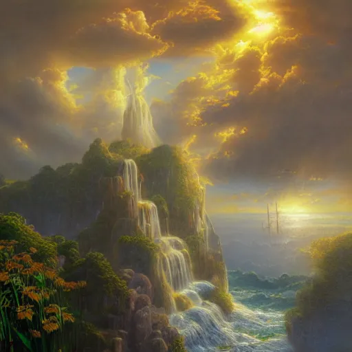 Image similar to realistic detailed view of heaven by terance james bond, russell chatham, greg olsen, thomas cole, james e reynolds, photorealistic, fairytale, art nouveau, white light, gold color, illustration, concept design, storybook layout, story board format