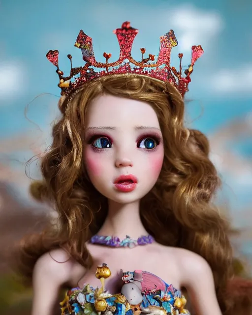 Image similar to closeup face profile portrait of a tin toy fairytale princess wearing a crown eating cakes, bikini, depth of field, zeiss lens, fashion photoshoot by nicoletta ceccoli, mark ryden, lostfish, breathtaking, detailed and intricate environment, 8 k resolution, extremely detailed, beautiful, establishing shot, artistic, hyperrealistic, octane render