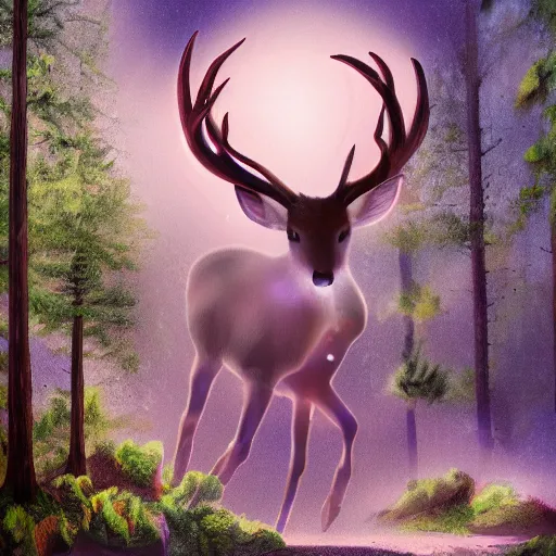 Image similar to fairy deer flying through magicla forests, digital art, glow