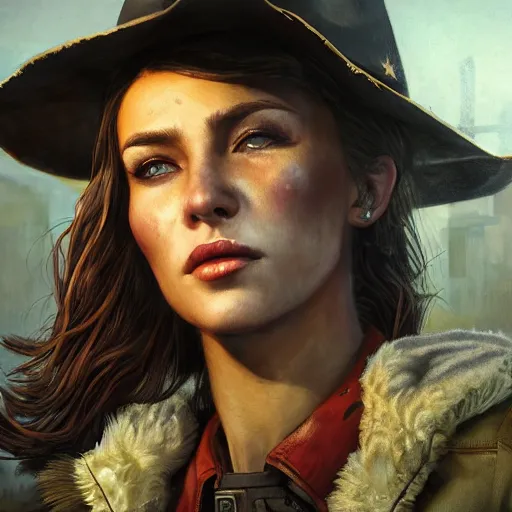 Image similar to fallout 5, charismatic beautiful, rugged, brunette female protagonist wearing a cowboy - hat, portrait, outdoors ruined cityscape, atmospheric lighting, painted, intricate, volumetric lighting, beautiful, spring, sharp focus, deep colours, ultra detailed, by leesha hannigan, ross tran, thierry doizon, kai carpenter, ignacio fernandez rios