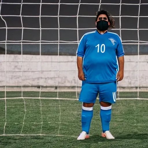 Image similar to overweight kurdish soccer player with face mask and great hair