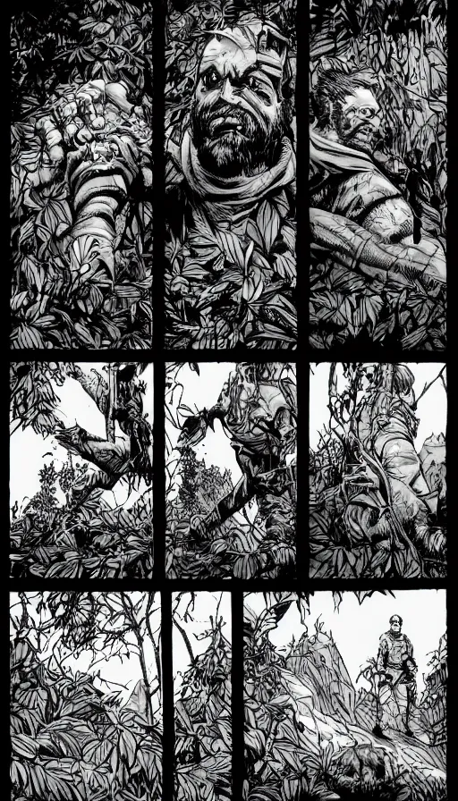 Image similar to multi - panel page from a highly detailed horror comic. a handsome rugged bearded man treks through a jungle wearing a backpack. exhausted, he stands on the edge of a cliff looking at distant mountains. ink.