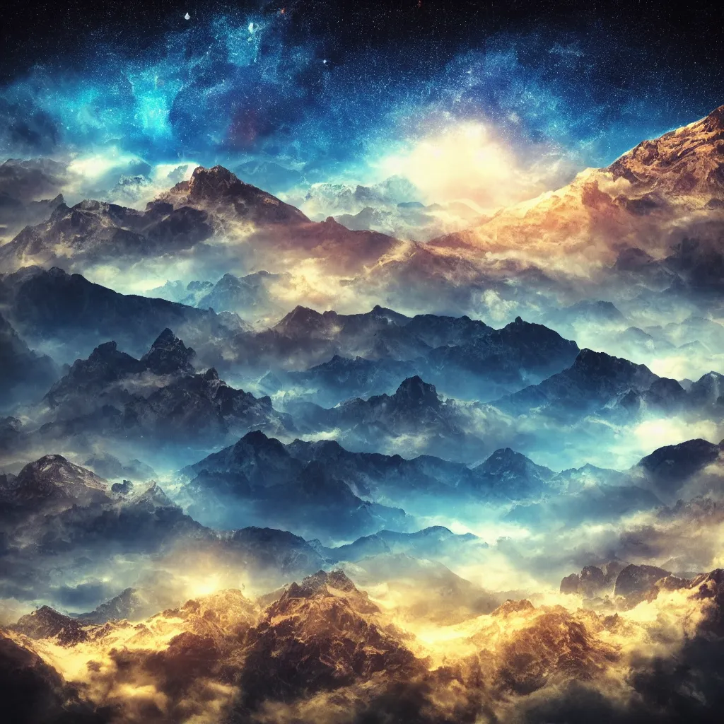 Prompt: vertical, mountains, limit, universe, galaxy, upwards, photo, blue sky, realistic, highly detailed, cinematic