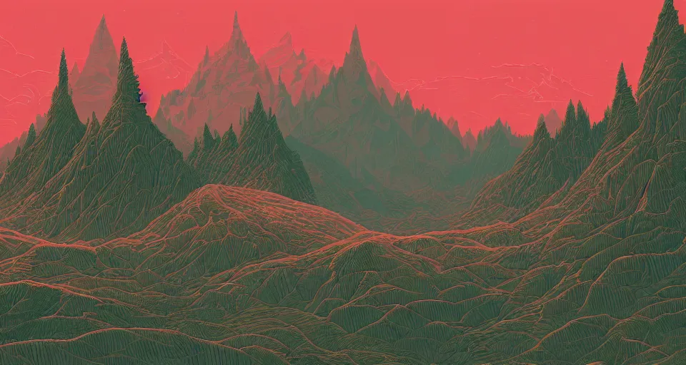 Image similar to a beautiful landscape with trees and mountains, by kilian eng