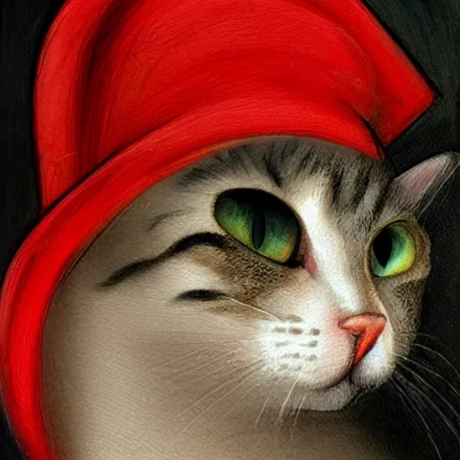 Image similar to the cat in small red hat cooks soup, drawn by Leonardo Da Vinci, oil painting, trending in Artstation, artstationHD, 4k