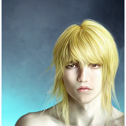 Prompt: Portrait of an androgynous blond prince in a beautiful world, pale milky white skin and long fluffy curly blond hair, symmetrically center parted curtain bangs, intricate, elegant, fantasy, highly detailed, digital painting, concept art, Junji Ito, sharp focus, illustration, beautiful volumetric lighting, epic light, artstation, magic hour lighting, colorful, sunshine, springtime, art by Sylvain Sarrailh