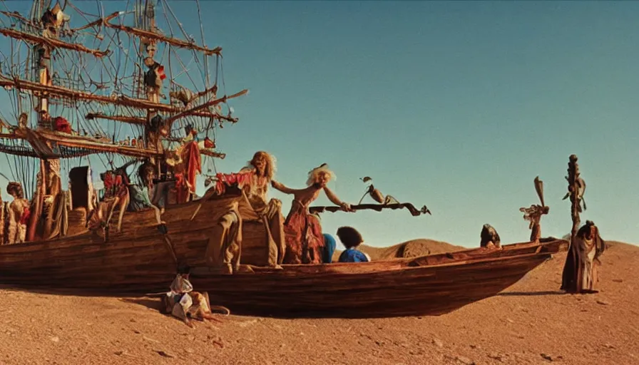 Image similar to movie still by alejandro jodorowsky of a pirate ship strange crew in the desert, cinestill 8 0 0 t eastmancolor technicolor, high quality, very detailed, heavy grain, fine facial features, 8 k, octane render