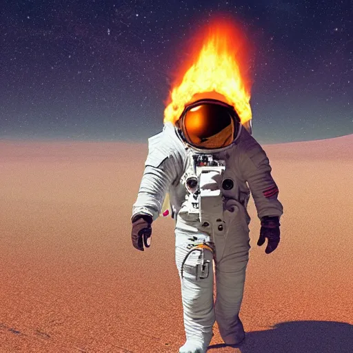 Image similar to an astronaut that’s on fire walking through a dystopian desert