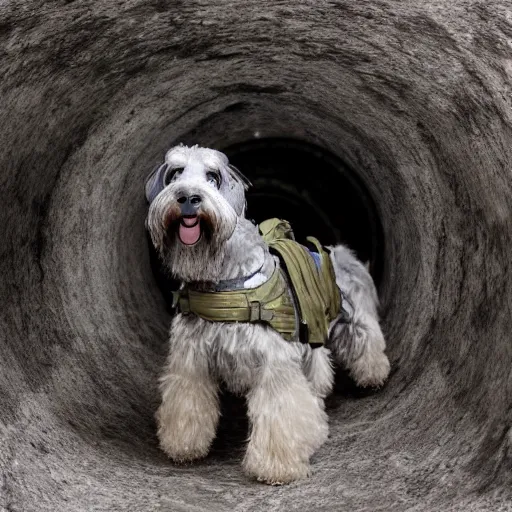 Image similar to photo, an ultra - tactical combat army schnauzer in futuristic battle armor with bandoliers and ammo pouches and boots and goggles, inside a rocky alien tunnel, volumetric lighting, ultradetailed