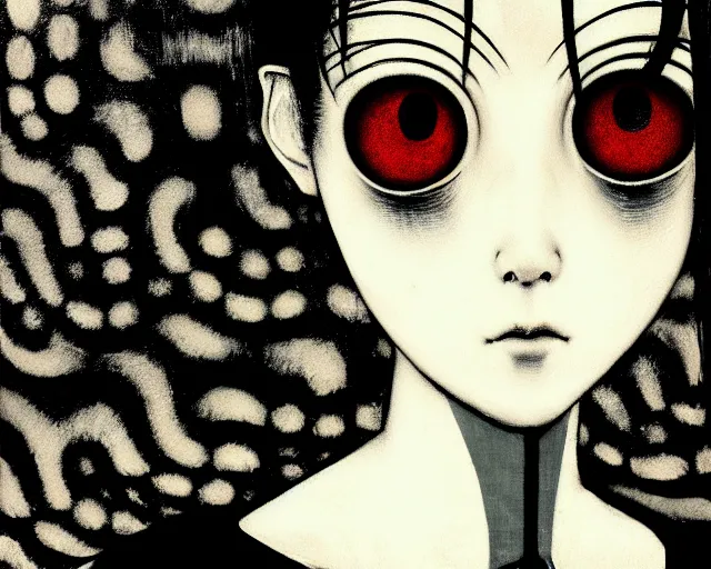 Image similar to yoshitaka amano blurred and dreamy realistic three quarter angle horror portrait of a sinister young woman with short hair, big earrings and white eyes wearing office suit with tie, black and white junji ito abstract patterns in the background, satoshi kon anime, noisy film grain effect, highly detailed, renaissance oil painting, weird portrait angle, blurred lost edges