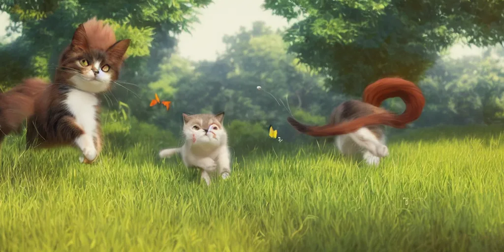 Prompt: a cinematic still of a cat and a dog playfully chasing butterflies on a park!, studio ghibli, pixar disney, by artgerm, miyazaki, makoto shinkai, mamoru hosada, boom, unreal engine 5, cinematic lighting, highly detailed, intricate, sharp focus, trending on artstation