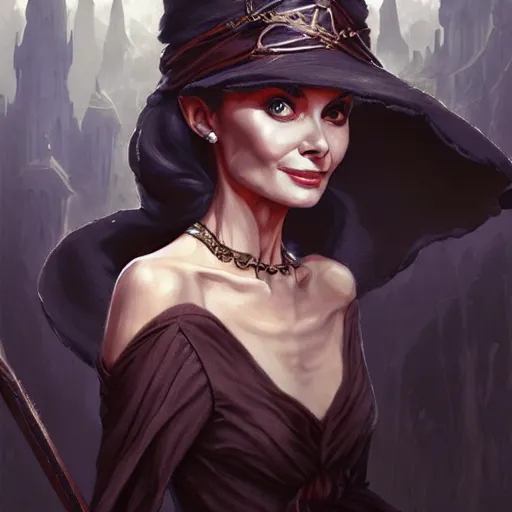 Image similar to audrey hepburn as a witch in an epic fantasy novel, various backgrounds, intricate, elegant, highly detailed, digital painting, artstation, matte, illustration, art by artgerm, greg rutkowski