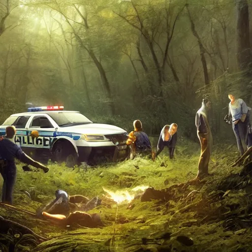 Image similar to a [ team of scientists, police officers, and news reporters ] surround a crashed ufo in the [ middle of a forest ]!!, [ digital art ]!!, trending on cgsociety, 4 k quality, illustrated by greg rutkowski, mary anning, peder balke, balthus, and gaston bussiere