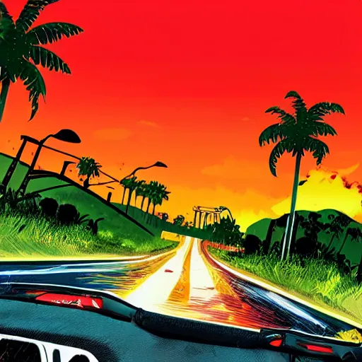 Image similar to far cry car leaking black tar chaotic intensive apocalyptic adrenaline anger oil black tar landscape wasteland miami desert landscape natural disasters sunset palm trees landscape hotline Miami style