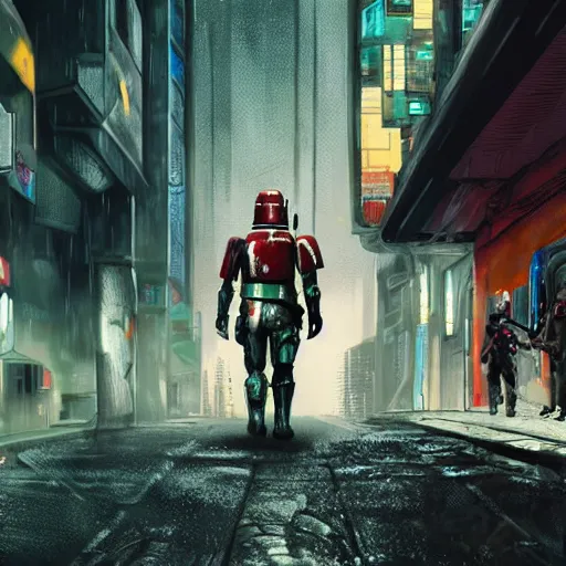 Image similar to cyberpunk style boba fett walking down a rainy alleyway in a futuristic city with a group of bounty hunters