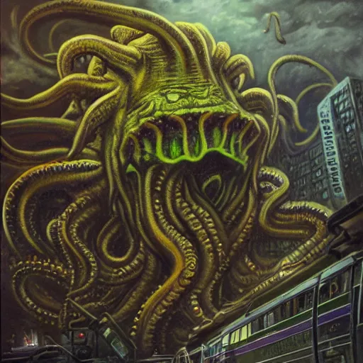 Prompt: oil painting of giant Cthulhu destroying a metro station with a M40 Machine Gun, highly detailed, H P Lovecraft